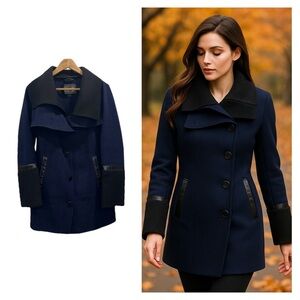 MACKAGE pea coat jacket navy blue black wool blend medium knit collar designer